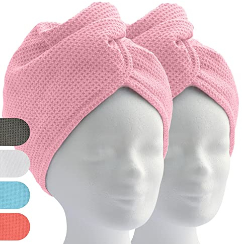 ELEXACARE hårturban, turban-handduk med knapp (2 stycken, rosé), mikrofiber handduk för huvud och långt hår