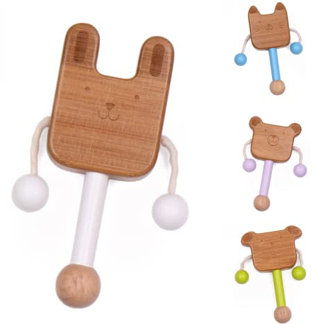 myBamboo Babyrassel aus Bambus - Rasselspielzeug in 4 Varianten - ideales Geschenk zur Geburt - Greifling aus Holz (Hase - weiß)