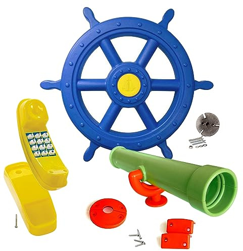 GK Zubehör-Set z.B. für Spielturm mit gelbem Telefon, blauen Schiffsruder/Steuerrad und Teleskop in der Farbe (apfelgrün)