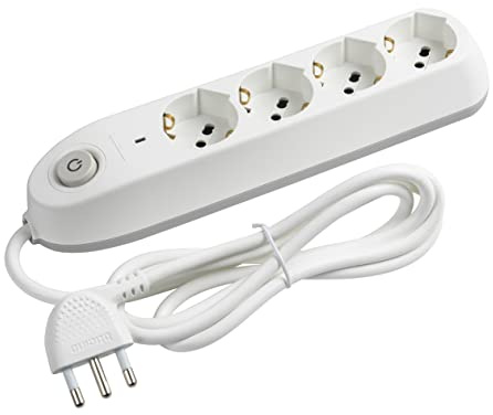 BTICINO Ciabatta Multipresa Elettrica Poker 4 Posti, 4 Prese Polivalenti (Schuko 10/16A e Bipasso), Ciabatta Elettrica con Interruttore e Salvafulmine, Cavo 1,5m Spina 16A, Robusta Salvaspazio, Bianco