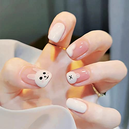 24 Stück Press on Nails Eckig Kurz, Ostern Nägel Zum Aufkleben Weiß Hase Künstliche Nägel, Nude Square Fingernägel Fake Nails für Frauen und Mädchen
