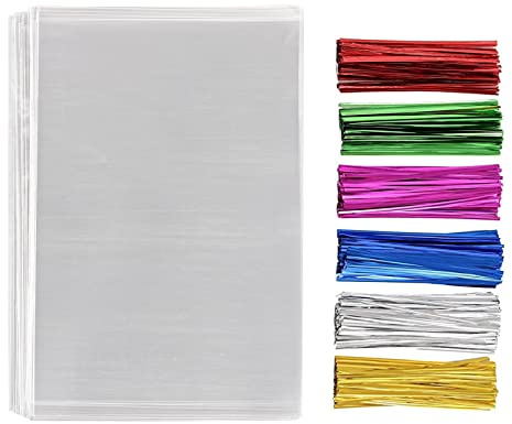 200 Pcs Clear Flat Cello Cellophane Treat Bags Good for Bakery, Cookies, Candies,Dessert with five random color Twist Ties! (5*7)