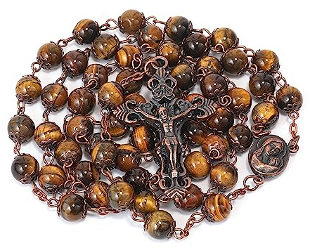 Nazareth Store Rosenkranz-Halskette mit Natursteinperlen, 8 mm, antikes Kupfer-Design, Heilige Erde, Medaille und Kreuz in Samtbeutel, katholische Rosenkränze Terra Santa Jerusalem Kollektion