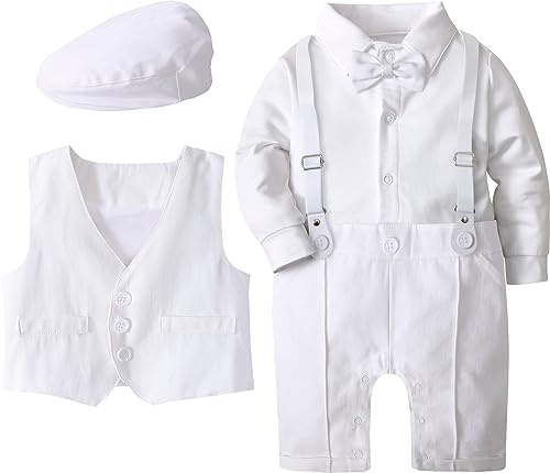 A&J DESIGN Baptism Outfits for Boys Baby Christening Suspender Romper Wedding Gentleman Formal Suit Tuxedo White 3-6 Months