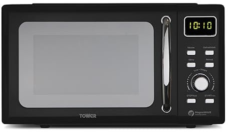 Tower T24041BLK Digital Microwave with Sleek Mirror Door, 800W, 20L, Black & Chrome