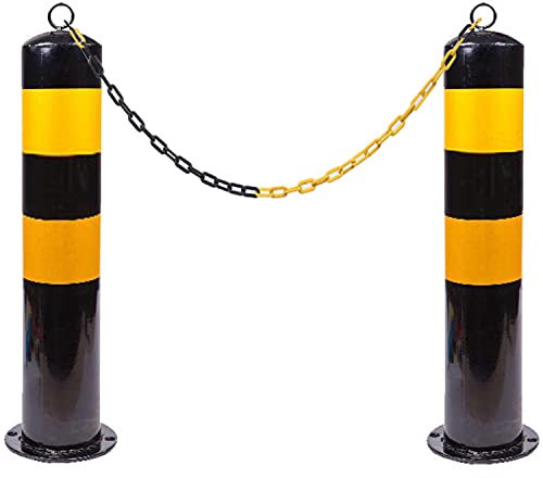 Verkehrskegel, 2er-Pack, Metallpfosten mit 5 m Kunststoff-Absperrkette, Sicherheitspfosten für den gewerblichen oder privaten Gebrauch (Farbe: Schwarz, Größe: 600 x 114 mm/24 x 4,5 Zoll) (Schwarz 600