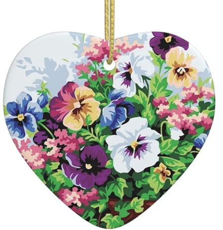 Stiefmütterchen Blumen Weihnachten Ornament Herz Keramik Weihnachten Hängende Ornament Weihnachtsbaum Dekoration Keramik Ornament für Xmas Decor Home Office Geschenkideen