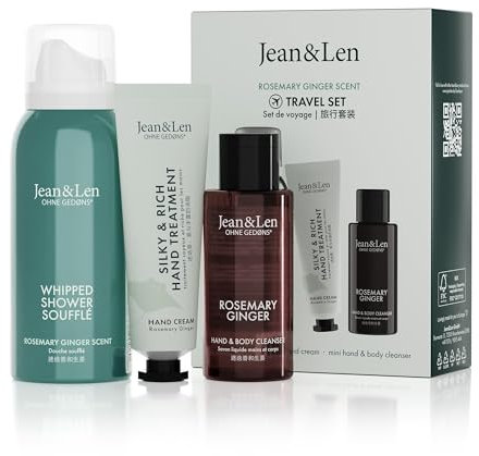 Jean & Len Kit de Voyage Romarin et Gingembre, avec Produits pour Le Corps et l’Esprit, Petit Cadeau ou Attention, Boîte Certifiée FSC, Format Voyage, Végan