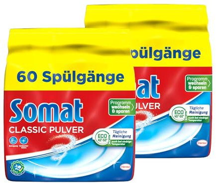 Somat Classic Pulver-Reiniger 120WL (2x 60WL), Spülmaschinenreiniger für die tägliche Reinigung, entfernt hartnäckigste Flecken bei jeden Spülgang, schonend für die Umwelt, 2x 960g