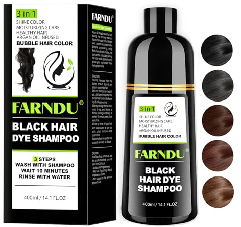 Farndu Black Hair Dye Shampoo for Women & Men, Gray Hair Coverage Herbal Natural 3 in 1 Hair Color Shampoo, Champu para canas