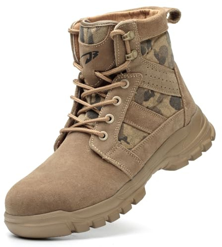 R-Win Army Boots Mens Military Welding Steel Toe Cap Work Boots Suede Leather Lightweight High Top Safety Trainers Construction Industrial Shoe Khaki
