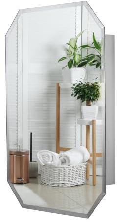 Croydex Lozenge 60 x 45cm Bathroom Mirror Cabinet - No Assembly Required | Stainless Steel Carcass | 1 Fixed Shelf | Mirrored Octagonal Door | Magnetic Door Catch