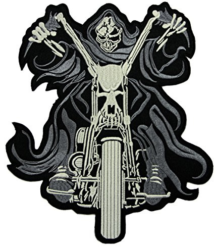 Großer Skelett Rückenpatch – 23,3 x 23,3 cm – Gestickter Aufnäher Biker XXL Rückenaufnäher Motorrad Totenkopf Ghost Rider Patch Backpatch für Motorradjacken Kutten Lederwesten – Hochwertige Stickerei