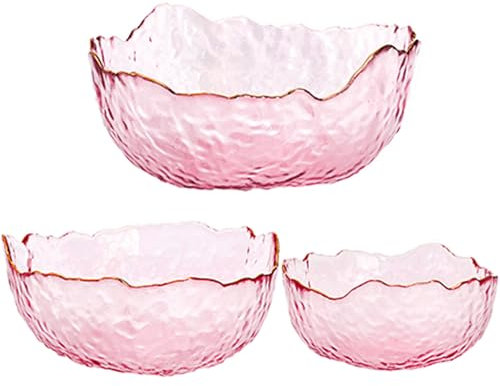 ZEAYEA Set of 3 Glass Salad Bowls, Pink Serving Bowls for Kitchen Prep, Decorative Large Candy Bowl, Irregular Shape Space Saving Nesting Set for Salad, Fruit, Snack, Dessert