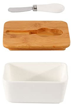 EOTRERANQ Butterdose, Keramik-Butterdose for den Innenbereich mit Deckel, Buttermesser, Keramik, kleines Tablett, rechteckige Butterdose, Käse-Butterdosen-Set, reines Weiß, for Frischkäse, Kuchen, But