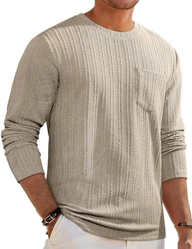 JMIERR Men's Clothing Long Sleeve Casual Crewneck Ribbed Stripes Slim Fit Pullover T Shirts Undershirt with Pocket, S, Parchment