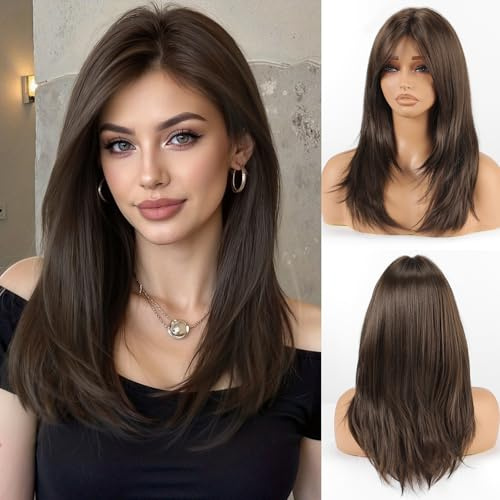 Allbell dunkelbraune Perücke für Frauen, schulterlange gerade geschichtete Haarperücke mit Pony, hitzebeständige synthetische Naturhaar täglich/Party/Cosplay Kostümperücke