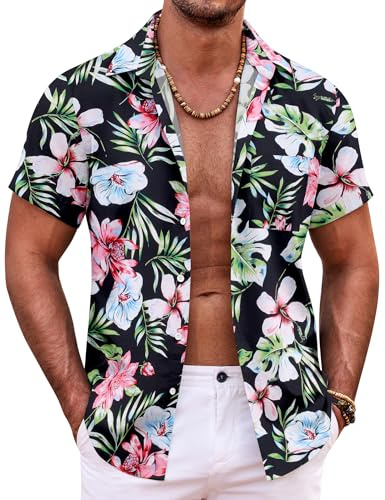 COOFANDY Men's Short Sleeve Hawaiian Shirts Casual Button Down Shirt Summer Aloha Holiday Beach Shirt Black Flowers 3XL