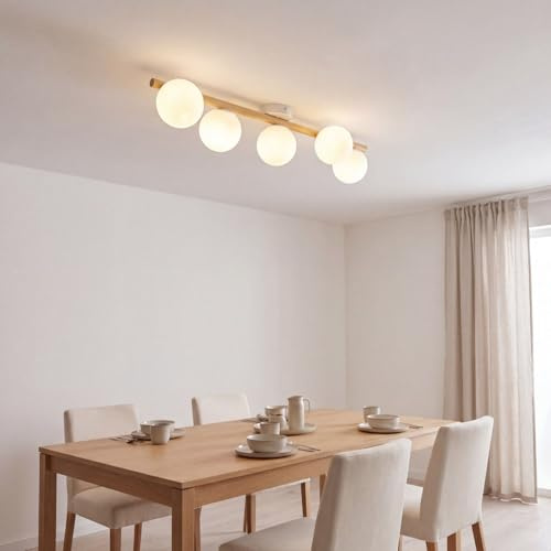 Licht-Erlebnisse Deckenleuchte Holz Weiß Metall Kiefer Wohnzimmer Esszimmer Flur 83 cm G9 5-flammig Kugeln gemütlich blendarm Balken Deckenlampe Schlafzimmer NARVA
