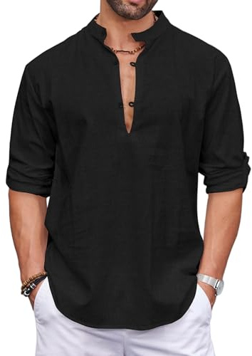 COOFANDY Mens Henley Shirts Grandad Long Sleeve Cotton Shirt Summer Casual Hippie Beach T Shirts Black L