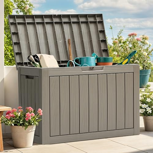 YITAHOME Outdoor Storage Box, 45 Gallon Waterproof Resin Deck Box, Lockable Organizer for Patio, Poolside, Deck, Cushions, Throw Pillows, Garden Tools, Brown