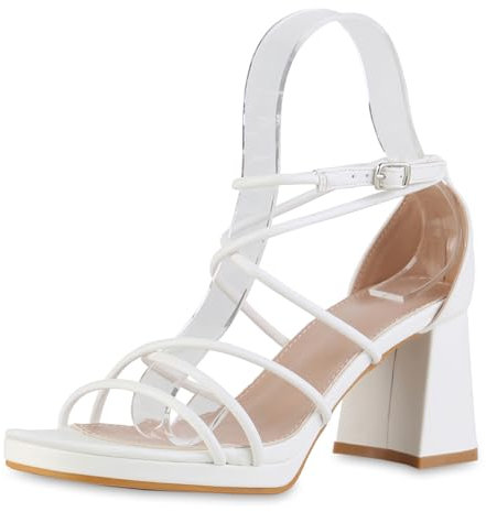 VAN HILL Damen Riemchensandaletten Blockabsatz Plateau Vorne Trendy Schuhe 216820 Weiss 38
