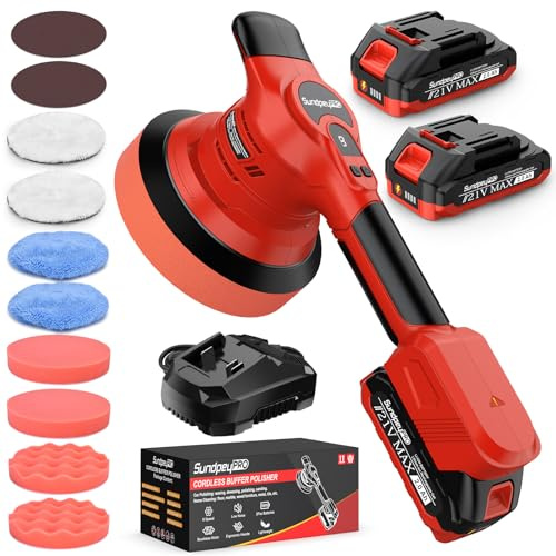 Cordless Brushless Car Buffer Polisher - SundpeyPRO 6-Inch 8000RPM Random Orbital Buffer Polisher w/ 8 Variable Speed & 2 x 2.0Ah Battery & 10PCs Polishing Kit for Waxing & Polishing & Scratch Removal
