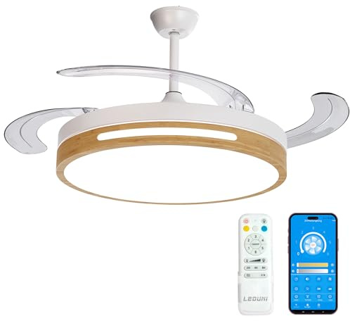 LEDUNI Ventilador de Techo con Aspas Retráctiles Control Remoto 66W | 30W Motor DC+36W Luz 2880LM Luz Integrada, Color Blanco CCT 3000-4000-6000K (Madera Liso)