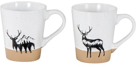 2er Set Steingut Tassen 360ml Hirsch Kaffeetasse Natur Becher Modern Alpen Design Küchengeschirr Heißgetränke Kaffeepott Weihnachten Tischgedeck