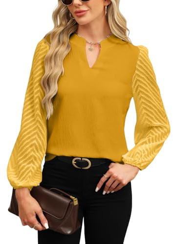 Atxnn Blusas Damas Escote V Manga Larga Chifón Encaje Elegante Oficina