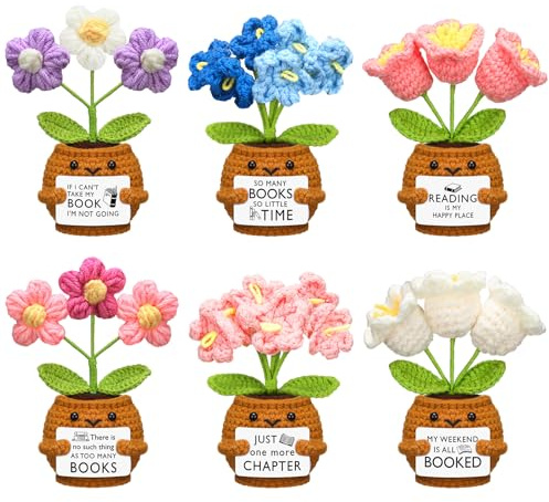 Wavwavw 6 Pcs Book Club Gift Book Lover Gift Bulk Crochet Flower Handmade for Bookish Bookshelf Deck Decor Librarian(Flower)