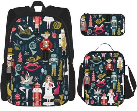 Yyoretp Sac à dos 3 pièces, grande capacité, polyvalent, réglable, motif casse-noisette, ballet, danse de Noël, sac à dos, boîte à déjeuner et trousse à crayons