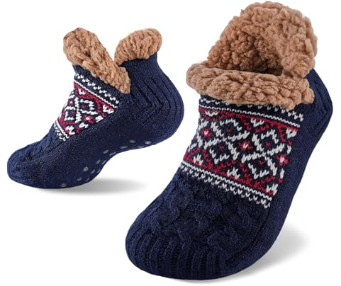 Niorasen Slipper Socks for Men Women, Thick & Soft Thermal Socks with Non-Slip Grippers Cozy Bed Socks Christmas Reindeer Design, Size 5-11