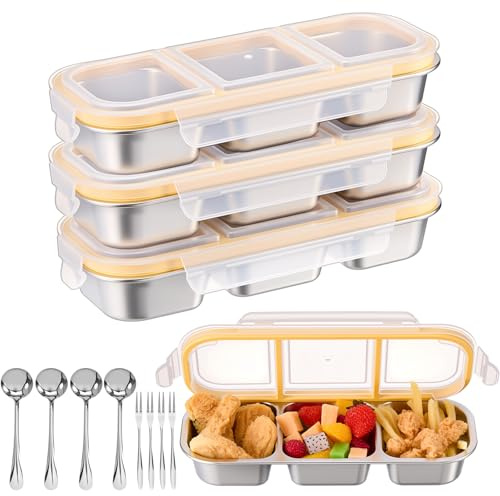 LemonRoad 4 Sets Stainless Steel Snack Containers for Kids Adults Reusable 3 Compartment Snack Boxes with Lids Leak Proof Metal Bento Lunch Boxes with Forks and Spoons for School Work Travel