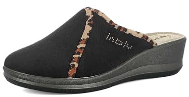 inblu Femme Pantofole Donna A Zeppa Con Dettaglio Animalier, Tacco 4,5 Cm, Plantare in Vera Pelle Chausson, Noir, 38 EU