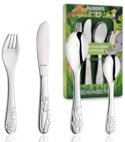 Kuppels Kinderbesteck 4-tlg, Dschungeltiere, 18/10 Edelstahl, ab 4 Jahre | Dieses Kinderbesteck ist spülmaschinenfest, ergonomisch, lebensmittelecht, rostfrei und kommt in Geschenkverpackung