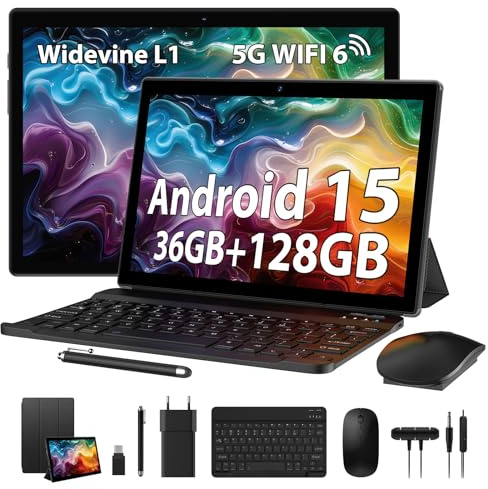 LEVIRTU Tablette 10 Pouces Android 15 Tablette,5G WiFi 6/2.0Ghz,36Go RAM 128Go ROM (TF 1TB),Batterie 8000mAh,Widevine L1, Tablette Tactile avec Clavier | Cas| Souris | Écouteurs| Stylet (Noir)