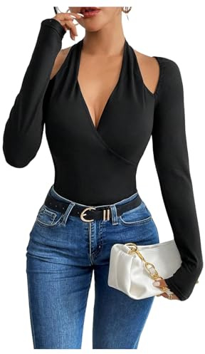 MakeMeChic Women's Going Out Tops Cut Out Wrap Halter Tee Bodysuit Long Sleeve Elegant Leotard Tops Black Large