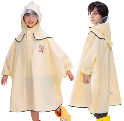 RYM-DURONN Rain Poncho with Sleeves for Kids (5-8 Years) – Loose Fit Cape Raincoat with Hood & Elastic Cuffs Lightweight Reusable