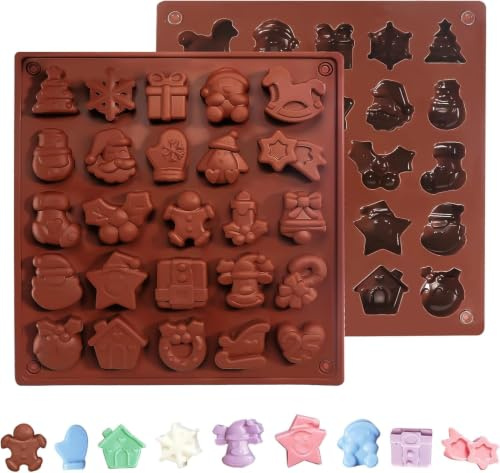 BAMUTU 2PCS Christmas Chocolate Mould Set - 25-Cavity Silicone Mould for Biscuits, Jelly, & Festive Baking, Non-Stick DIY Candy Tray with Christmas Themed Snowman/Tree/Snowflake Designs (Food Safe)