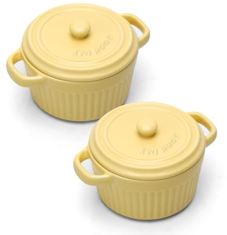 Mini cocotte con coperchio, pirofila in ceramica con manici e coperchio, stampini rotondi con coperchio per lasagne, soufflé, crème brûlée, dessert, per microonde e forno (Giallo, L-400ml-2pc)