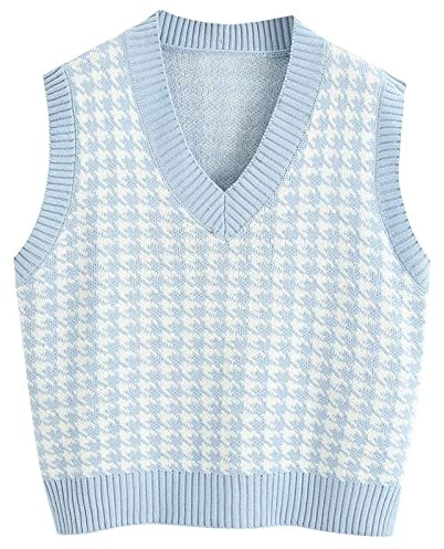 Pull Femme sans manche Col V Gilet sans manche Femme en Tricot Chic et Élégant Crop Débardeur Chaud Décontracté Style Preppy Sweater À Motif À Carreaux Rétro Classique Automne Hiver Bleu Clair,S