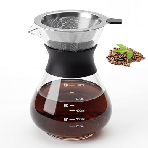 Dwitkul Caffettiera in Vetro 600ml, Macchina da Caffè Americana a Goccia Manuale, Pour Over Coffee Maker con Filtro Permanente in Acciaio Inossidabile Riutilizzabile, per Caffè Casa Ufficio