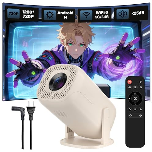V5 Mini Projecteur Video Android 14 Videoprojecteur,WiFi 6 + BT 5.2,Retroprojecteur 1280 * 720P pour TV Stick/Téléphone/Équipement Audio,Rotation à 180°,Home Cinéma Video Projector