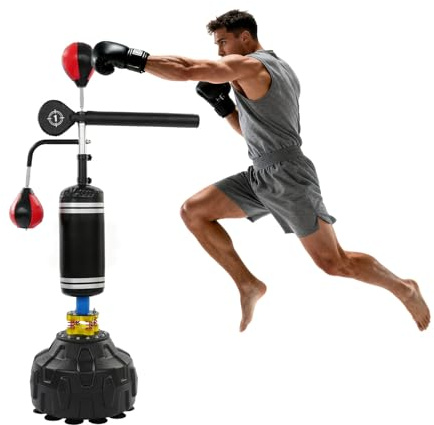 4in1 Boxtrainer Standboxsack, mit Speedball und Reflexstange, Höhenverstellbar 1,6–2,1 m, Freistehend mit Saugnapf Basis, Boxstation für Erwachsene und Jugendliche, Kickboxen Fitness Zuhause Gym