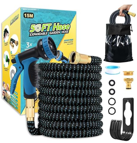 Flexibler Gartenschlauch 15m, Ausziehbare Garten Schlauch, Leichter Flexibler Garden Hose mit 10 Funktions Brause, 3/4 und 1/2 Zoll Messinganschlüssen, für Gartenarbeit, Waschen und Gießen(15M/50ft)