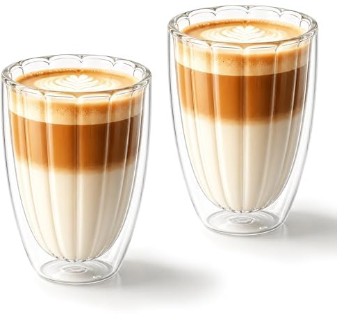 twoant Cappuccino latte macchiato-glas, längsgående ränder, dubbelväggiga (2 × 400 ml) termoglas, matcha latte glas, dubbelväggigt av borosilikatglas