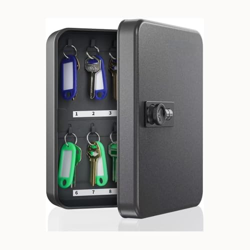 Koweth Metal Combination Lock Key Cabinet | 20 Key Tags Included | Secure Wall Mounted Metal Storage Box with Numbered Tags & Hooks, Wall Plugs & Screws Included