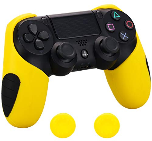 Pandaren® silikon dickere gälfte skin hülle Schutzhülle für PS4 controller (gelb) x 1 + thumb grips aufsätze x 2