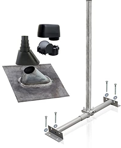 SkyRevolt Dachsparrenhalter Satellitenschüssel Montage Set Sparrenhalter 60mm Mast SAT Blei-Ziegel Manschette Mastkappe